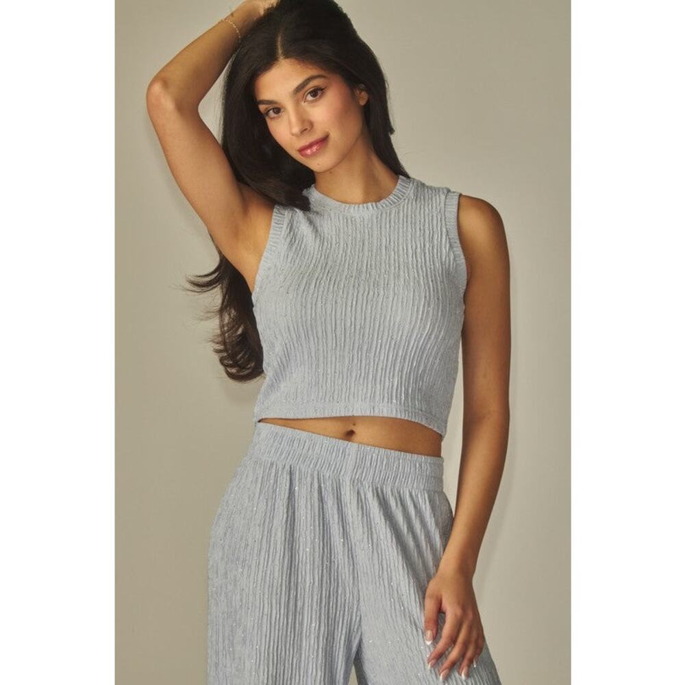 LOVE POEM SET Crinkled Butter Yellow Tiny Gem Crop Top *L & Wide Leg Pant *S - Picture 5 of 10